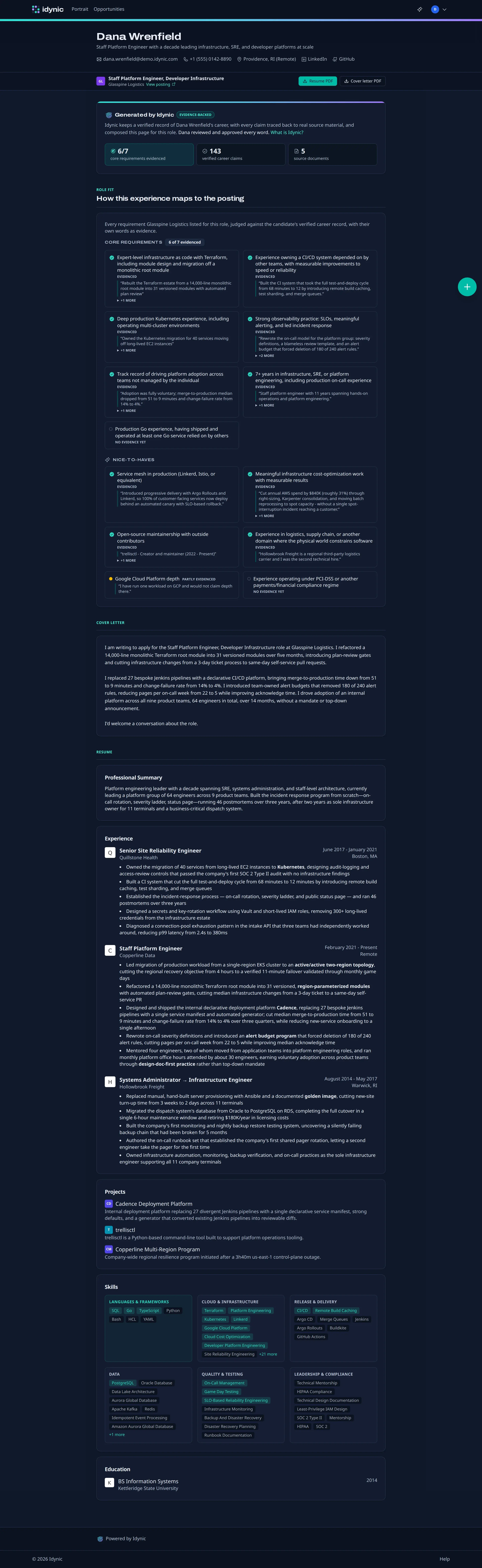 An Idynic share link with the tailored resume, role fit, and cover letter
