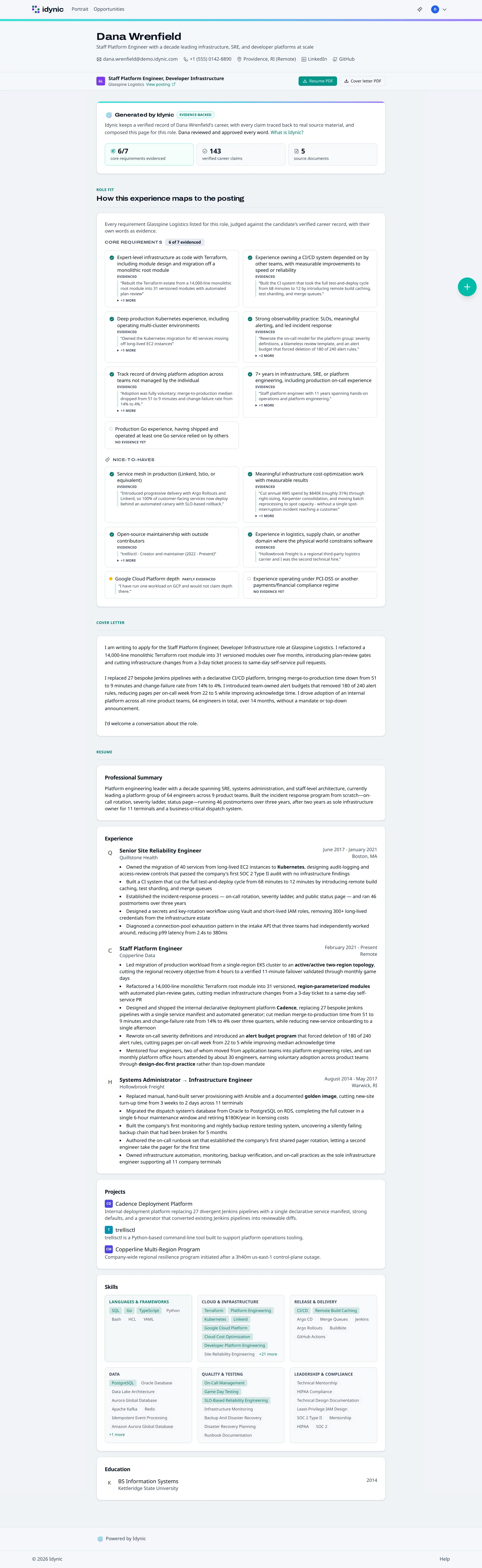 An Idynic share link with the tailored resume, role fit, and cover letter