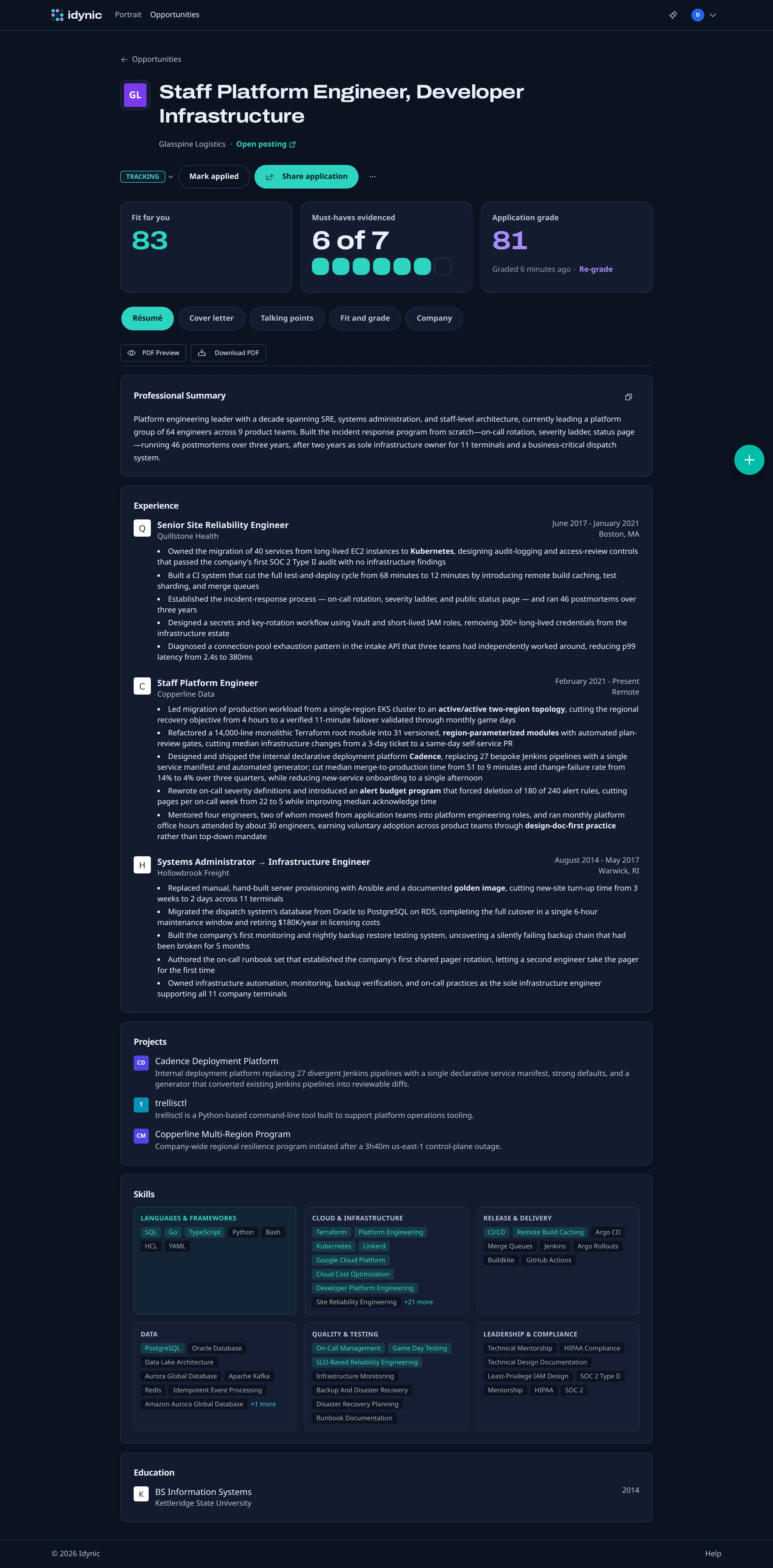 A resume tailored for the Staff Platform Engineer role
