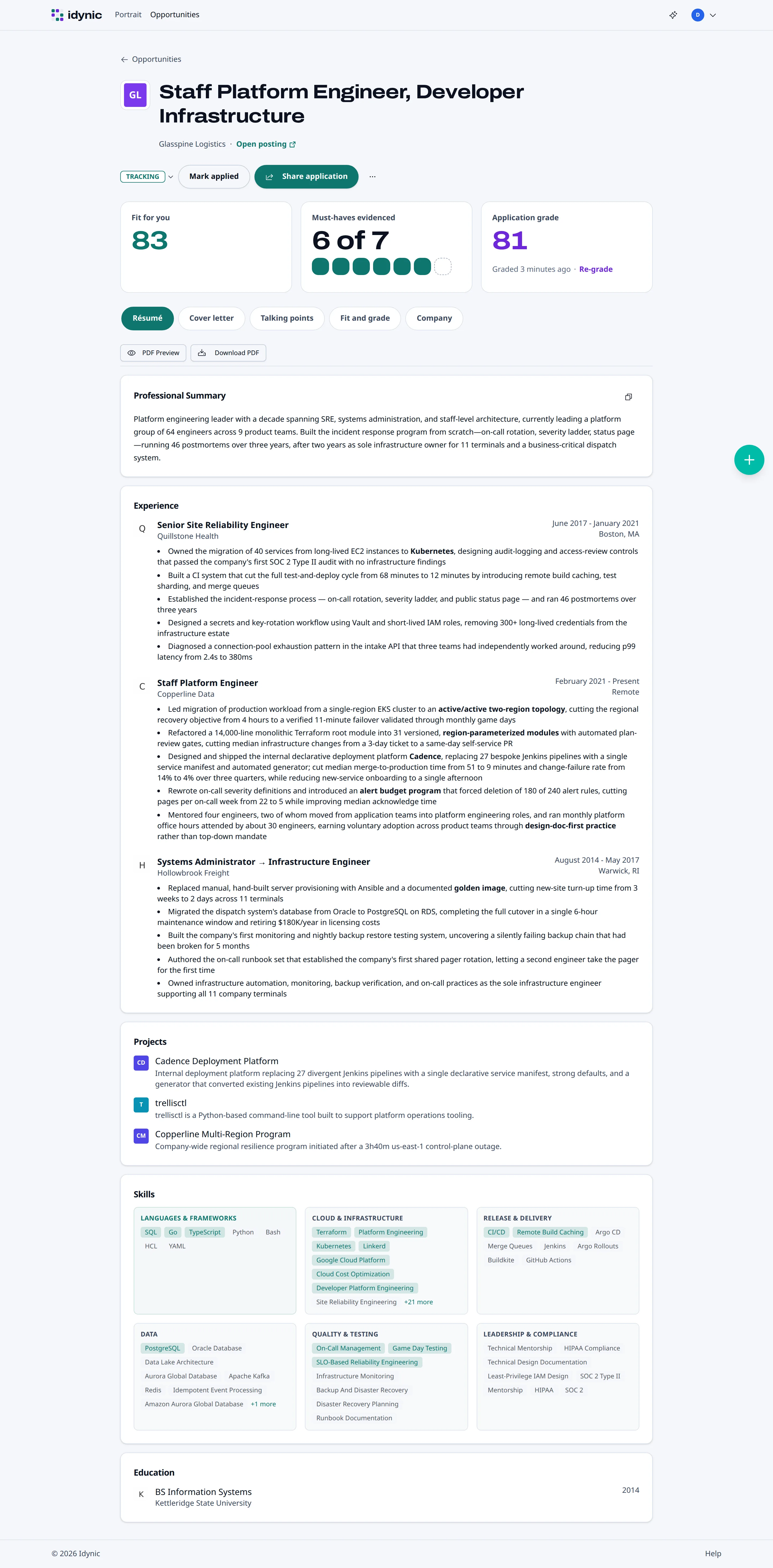 A resume tailored for the Staff Platform Engineer role